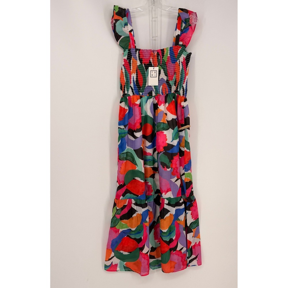 THML Maxi Dress Womens Large Multicolor Smocked Ruffle Boho Resortwear Artsy NWT
